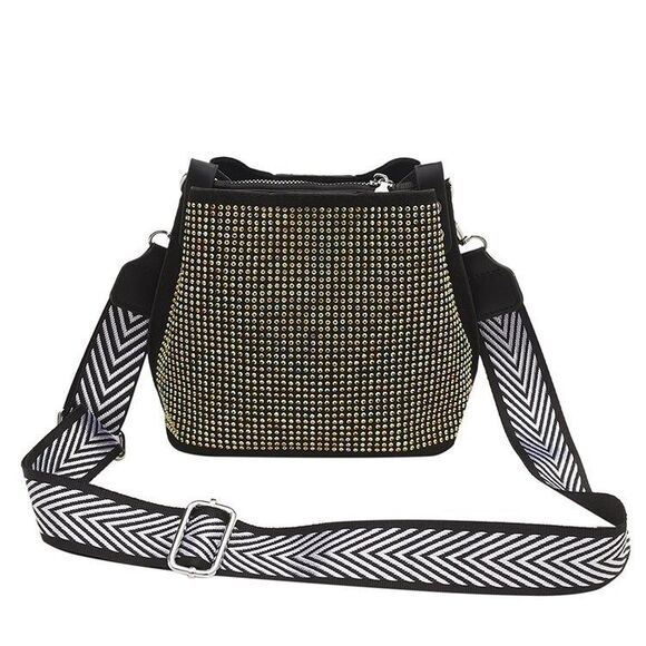Women's Black And GoldBucket Shoulder Bag With Long Wide Strap